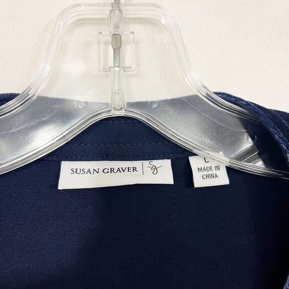 Susan Graver Navy Blue Liquid Knit Velvet Trim Top - Size Large - Picture 4 of 7